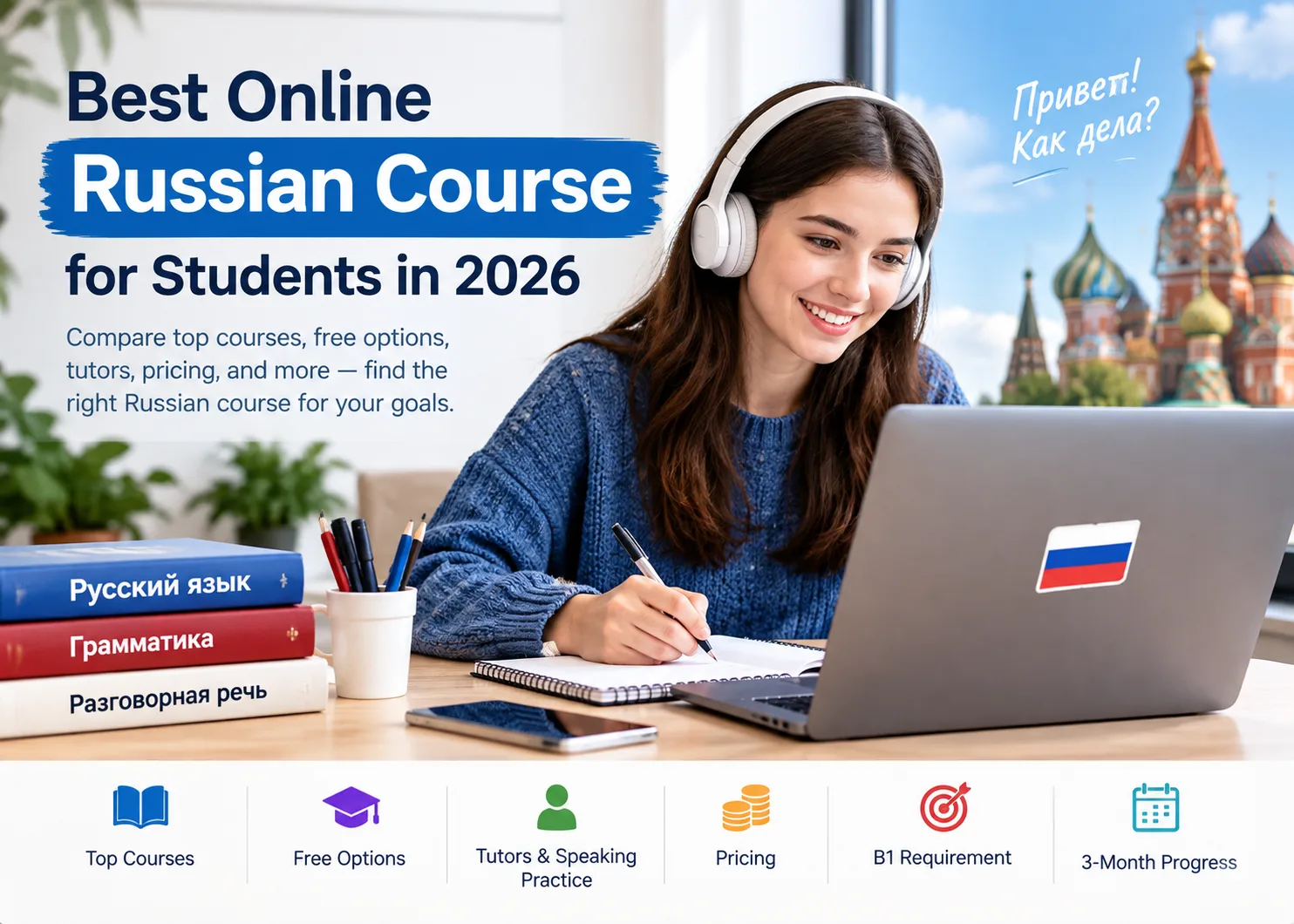 Online Russian course banner featuring a student learning Russian on a laptop, Russian architecture in the background, language books and study materials, and text highlighting courses, free options, tutors, pricing, B1 requirements, and three-month learning progress.